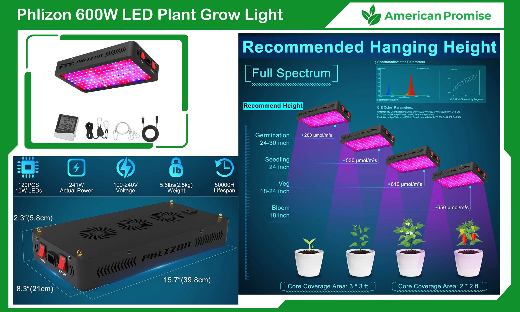 Phlizon 600W LED Plant Grow Light 