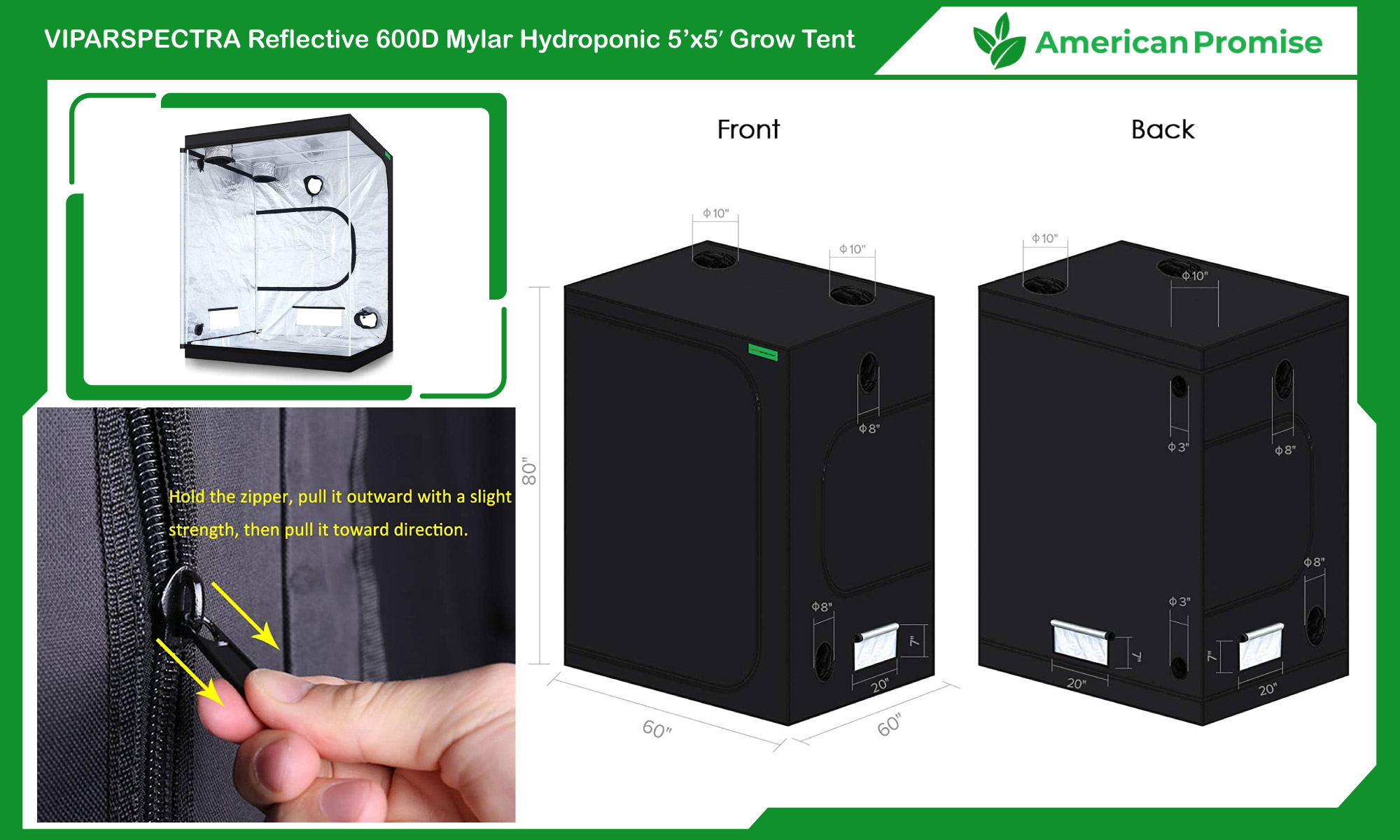 VIPARSPECTRA 60x60x80 Reflective 600D Mylar Hydroponic 5'x5' Tent