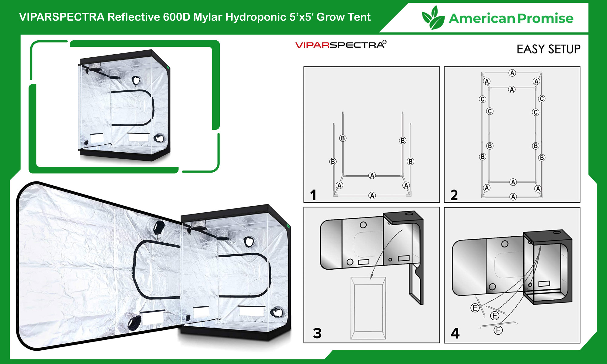VIPARSPECTRA 60x60x80 Reflective 600D Mylar Hydroponic