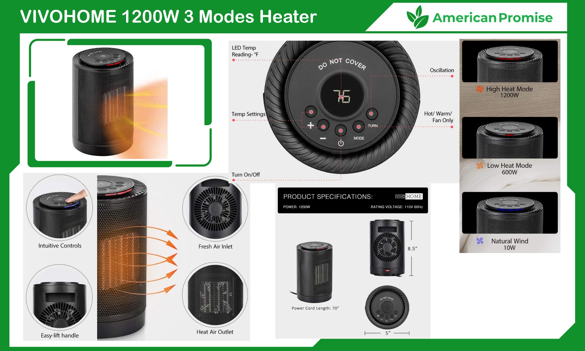VIVOHOME 1200W 3 Modes Portable Ceramic Space Heater