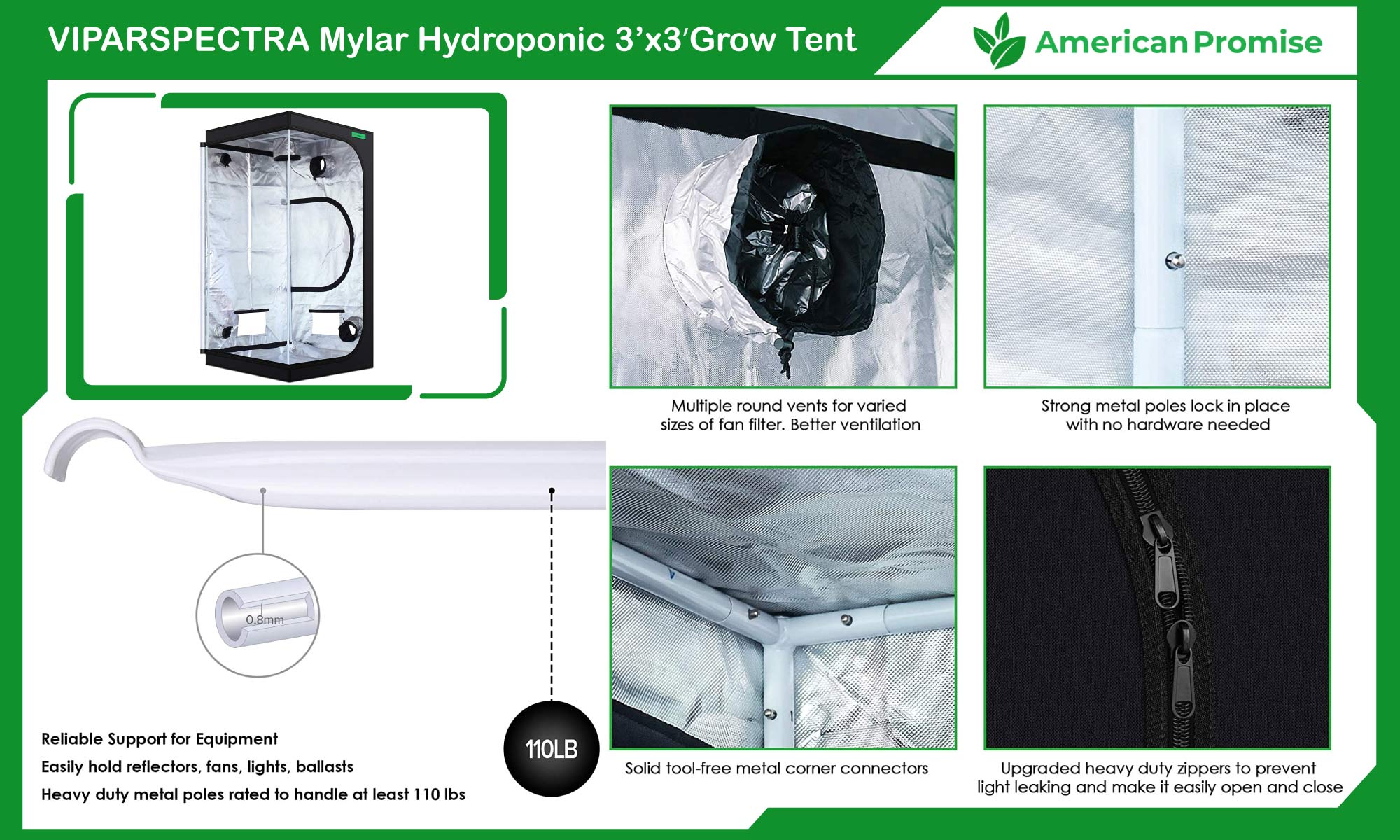 VIPARSPECTRA Mylar Hydroponic 3'x3' Grow Tent